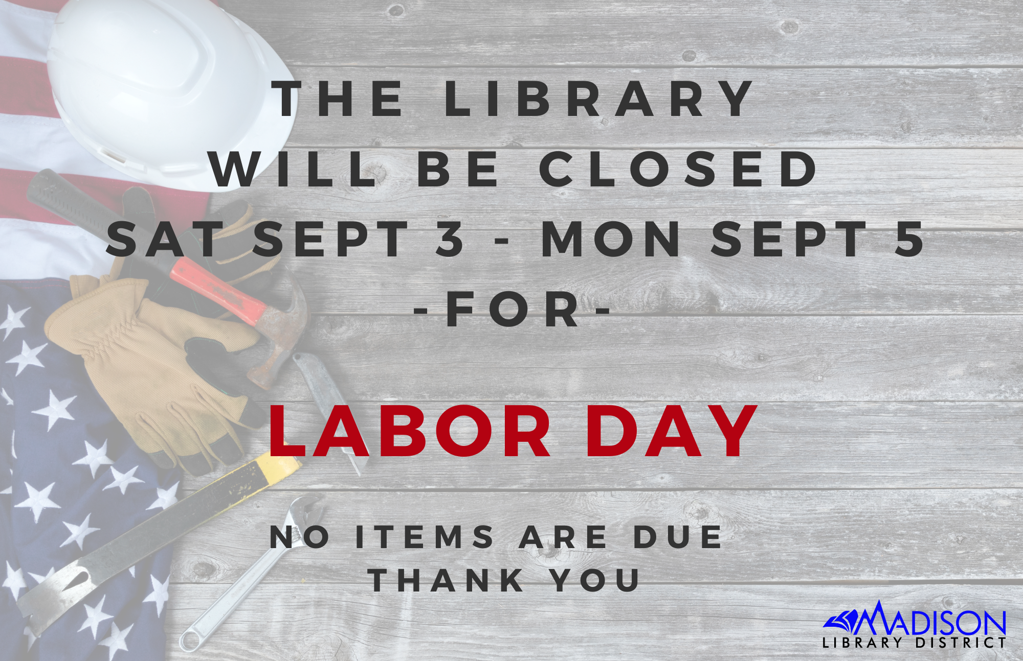 The library will be closed on Wednesday, November 11 for Veteran's Day. No items are due. Thank you.