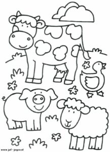 Coloring page featuring a cow, sheep, duck, and pig.