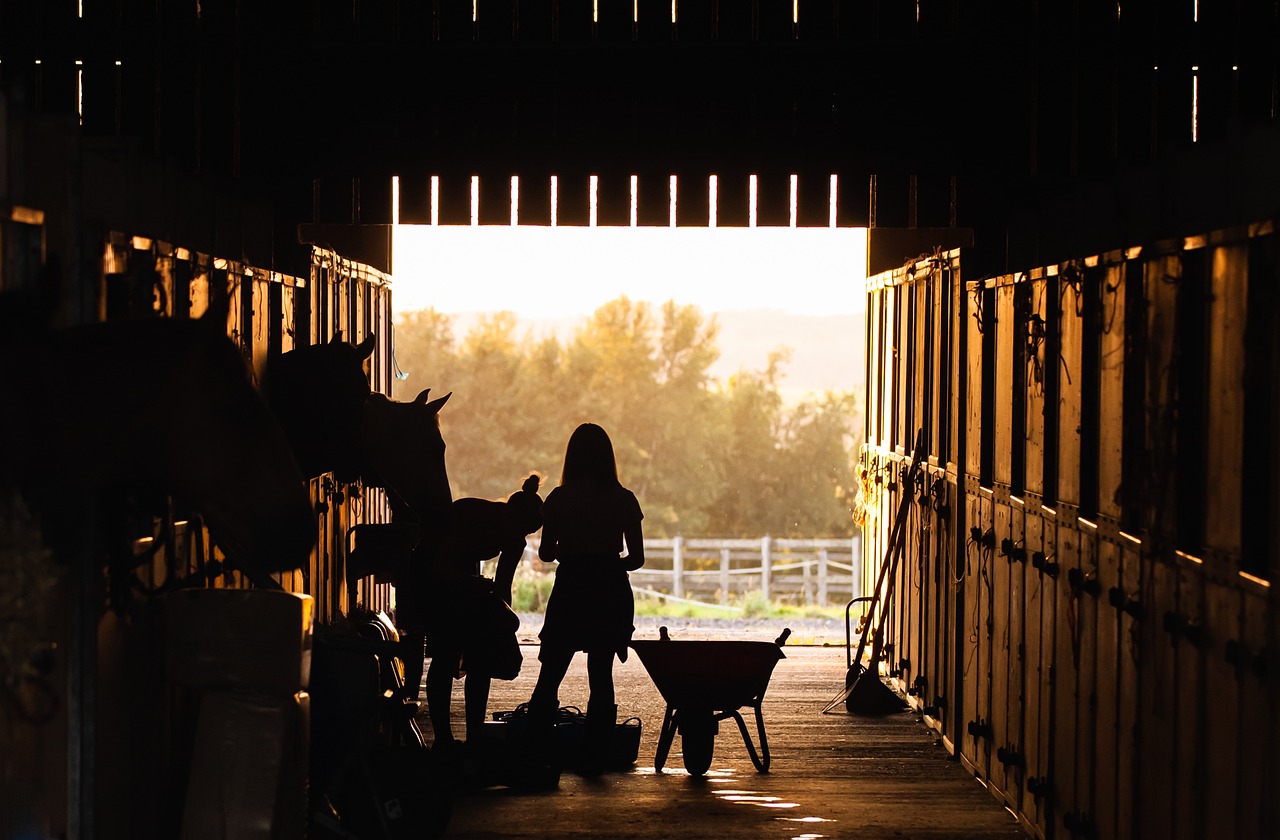 Two girls standing next to a wheelbarrow inside a barn with horses.