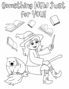 Coloring page with books and a witch on a broomstick with a wombat.