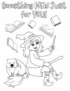 Something new coloring page Coloring page with books and a witch on a broomstick with a wombat.