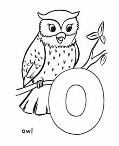 Coloring page with the letter o and an owl.
