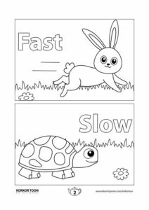 Coloring page with a fast bunny and a slow turtle.