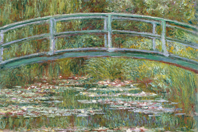 Iconic impressionist painting "Bridge Over a Pond of Water Lilies" by Claude Monet.