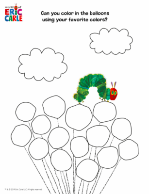 Coloring page with the Very Hungry Caterpillar being help up by balloons.