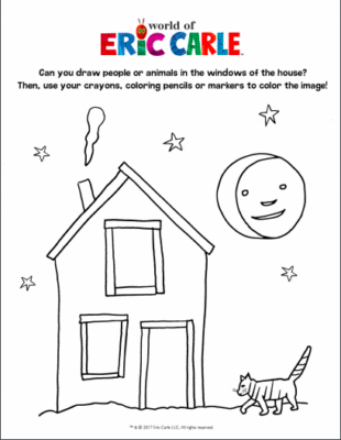 Coloring page featuring a house, the moon, and a cat.