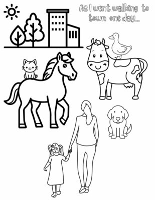 Coloring page featuring an adult and child going for a walk and encountering farm animals on their way to town.