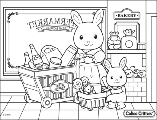 Coloring page featuring a bunny mom and child shopping at the store.