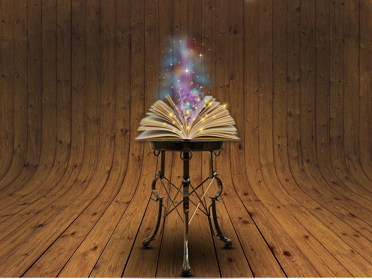 A book sitting on a stand with pages spread as the magic within spills out.