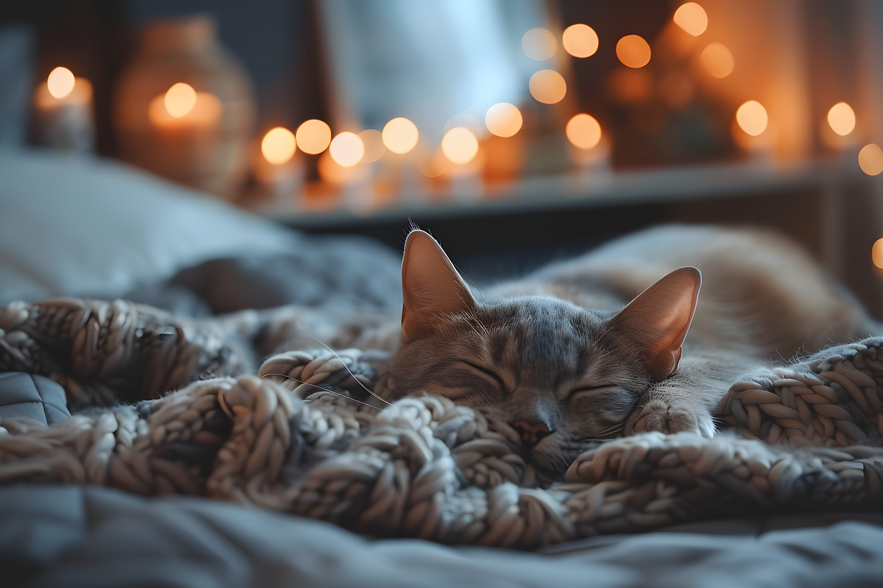 Peaceful cat sleeping on a bed with lights in the background.