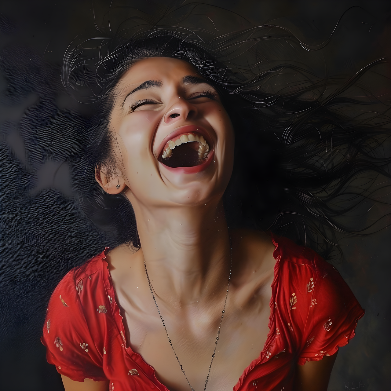 A woman in a red dress laughing with joy.