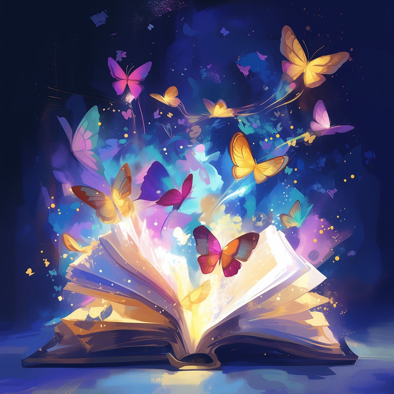 Colorful butterflies flying out of book pages.
