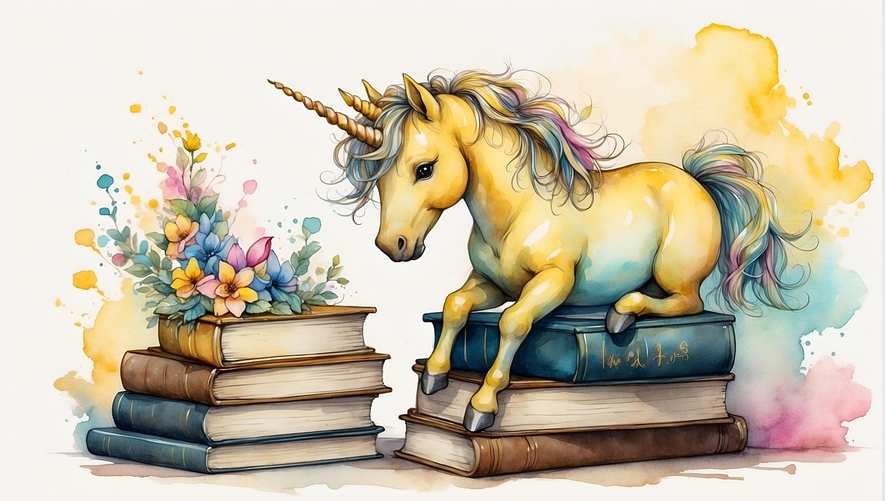 Watercolor painting of books with flowers and a unicorn perched on top.