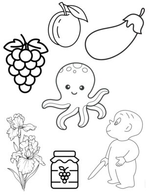Purple Coloring Page Coloring page featuring many purple objects.