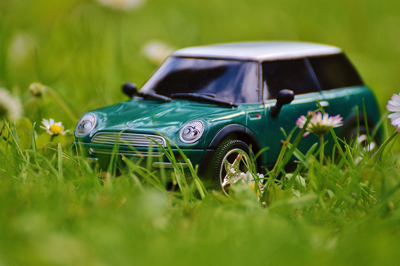 A green Mini Cooper peeking through the grass.