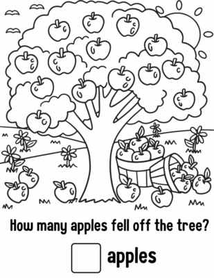 Coloring page featuring an apple tree and all the apples.