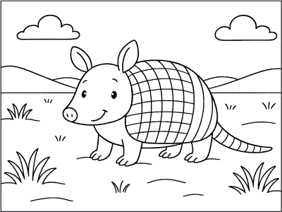 Coloring page featuring a smiling armadillo.