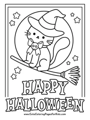 Happy Halloween Coloring Page Coloring page featuring a witch cat flying on a broom over the words Happy Halloween.