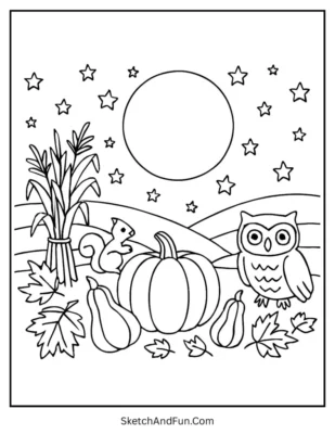 Harvest Moon Magic Fall Coloring Page Coloring page with a magical harvest moon.