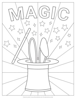 Coloring page with the word MAGIC and bunny ears poking out of a hat.
