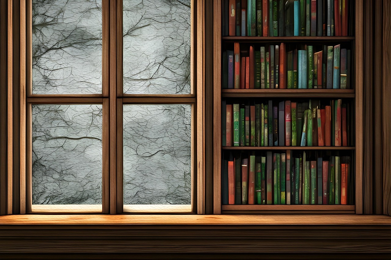 Spooky window next to a very full bookshelf.