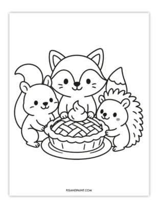 A coloring page with cute woodland animals surrounding a pie.