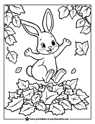 Coloring page of a bunny frolicking in autumn leaves.