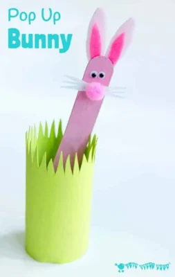 A bunny puppet that comes out of a cardboard tube.