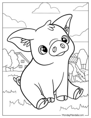 Coloring page with a very cute pig.