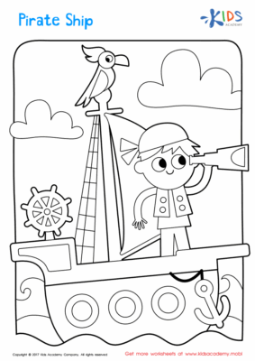 Coloring page featuring a pirate aboard his ship with a parrot on the mast.