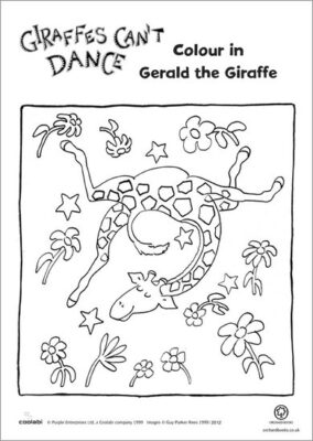 Coloring page featuring Gerald the Giraffe dancing.