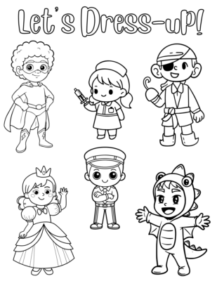 Coloring page featuring kids in different dress up costumes.