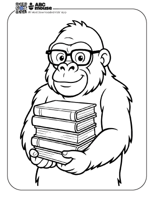 Coloring page featuring a gorilla with books.