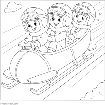 A coloring page featuring three people in a bobsleigh.