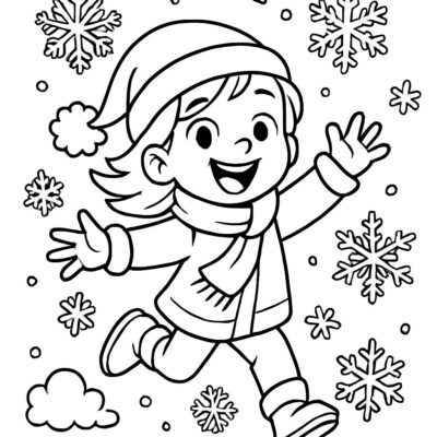 Coloring page featuring a young child running in the snow.