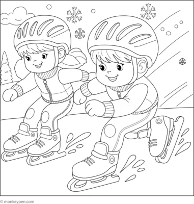 Coloring page featuring children speed skating.