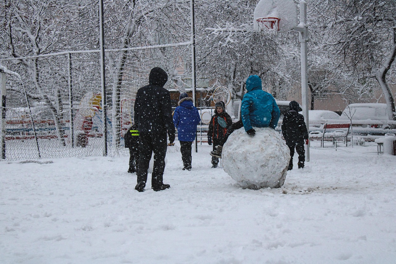 Children playing in the snow at the playground.