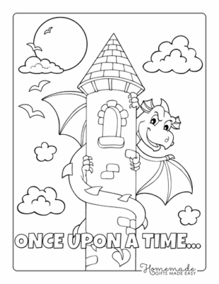 A coloring page with a dragon wrapped around the tower of a castle.