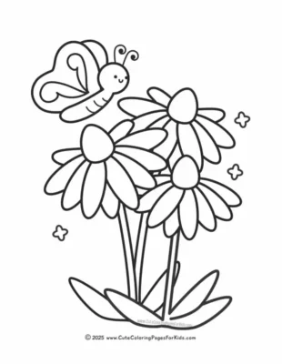 A coloring page featuring a butterfly and spring flowers.