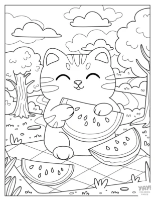 A coloring page showing a cat eating watermelon at a picnic.