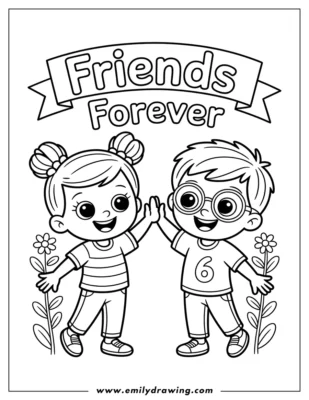 Coloring page with the words friends forever and two children giving a high five.