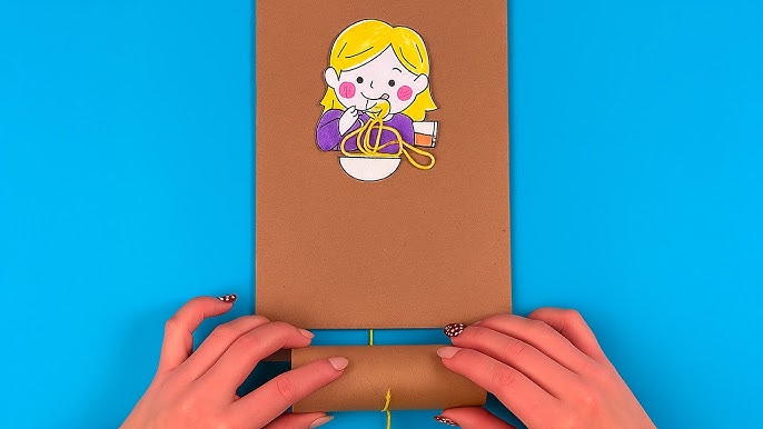 Make a craft that shows a child eating pasta off of a plate.