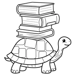 Coloring page with a turtle carrying a stack of books.