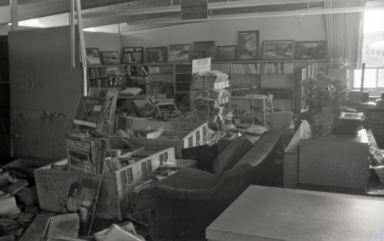 North East corner showing part of the staff area, vinyl records, dress patterns, and art work
