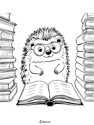 Coloring page featuring a hedgehog reading a book.